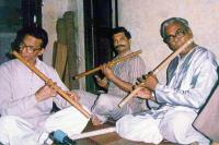 The three Bhanap flautists - Devendra Murdeshwar, Nityanand Haldipur and Narahari Karnad